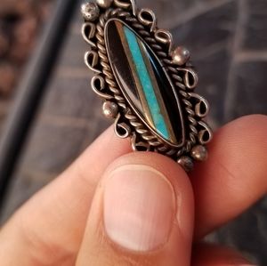 Vintage Long Sterling Silver Onyx and Turquoise Inlay Ring.